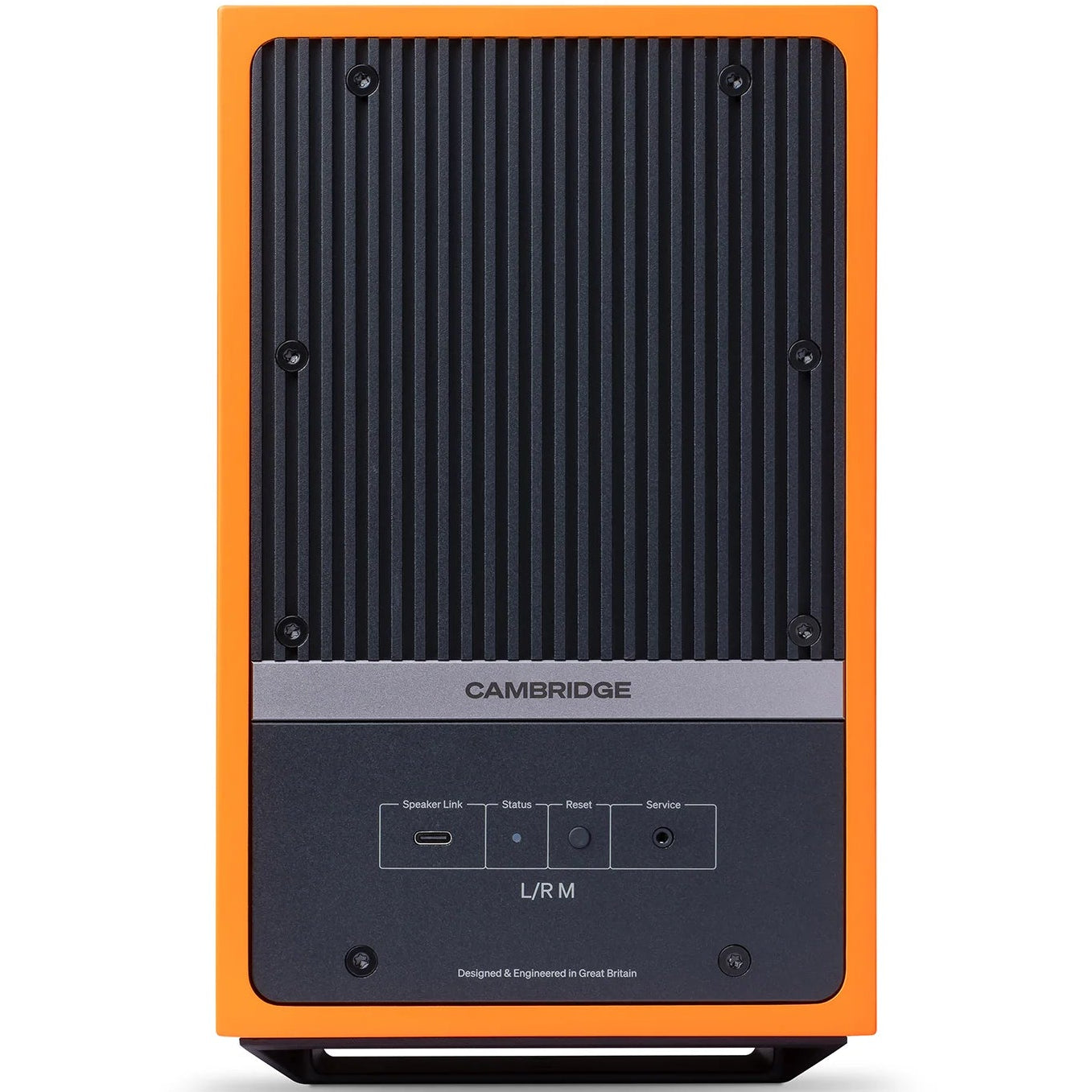 Cambridge Audio L/R M active bookshelf speakers, orange, front view
