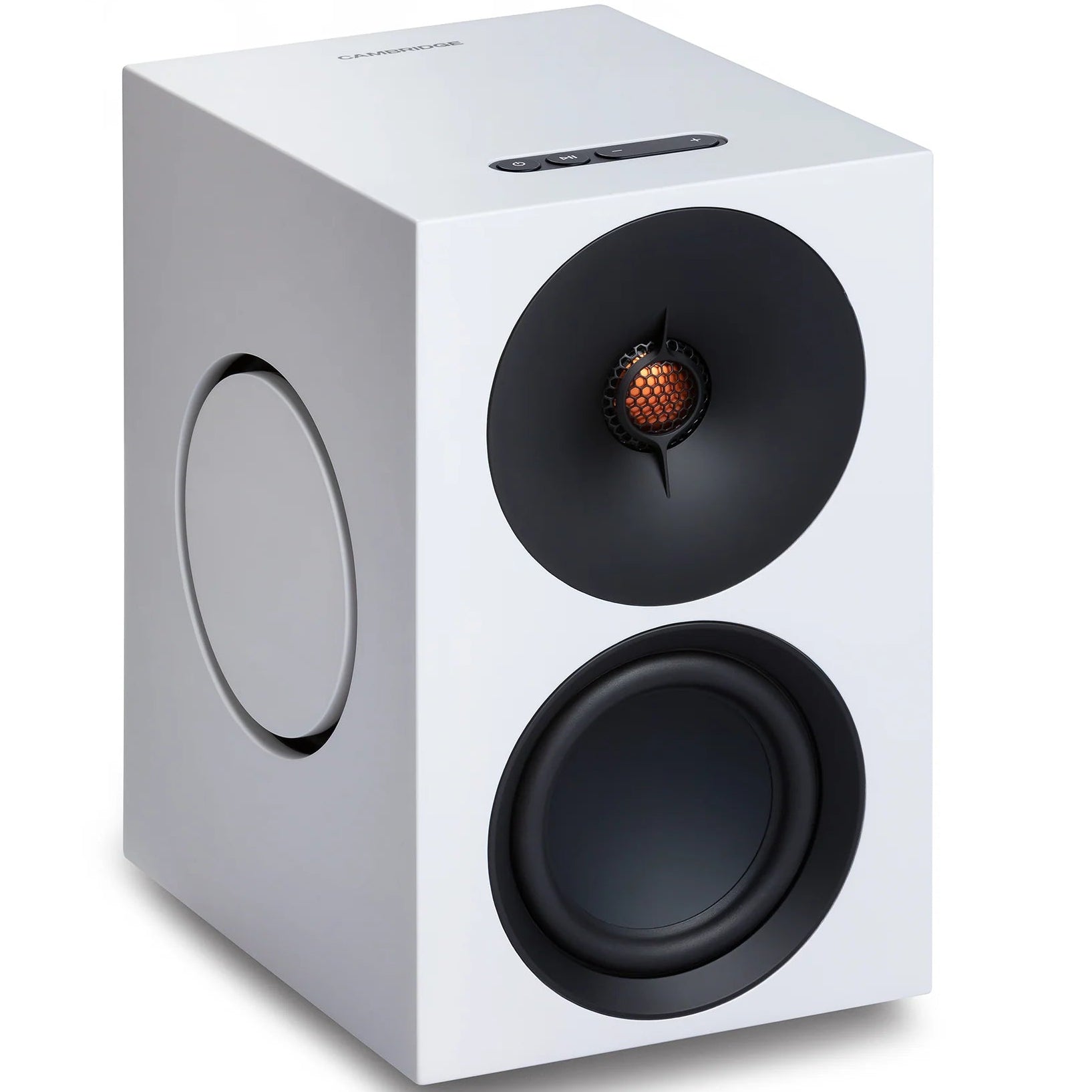 Cambridge Audio L/R M active bookshelf speakers, white, front view