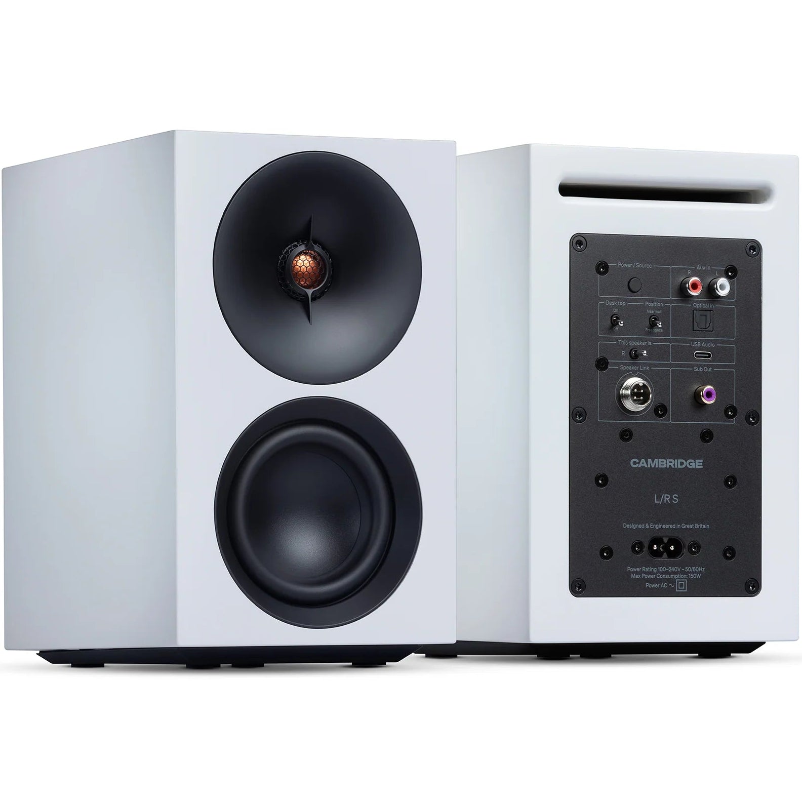 Cambridge Audio L/R S active bookshelf speakers, white, front view