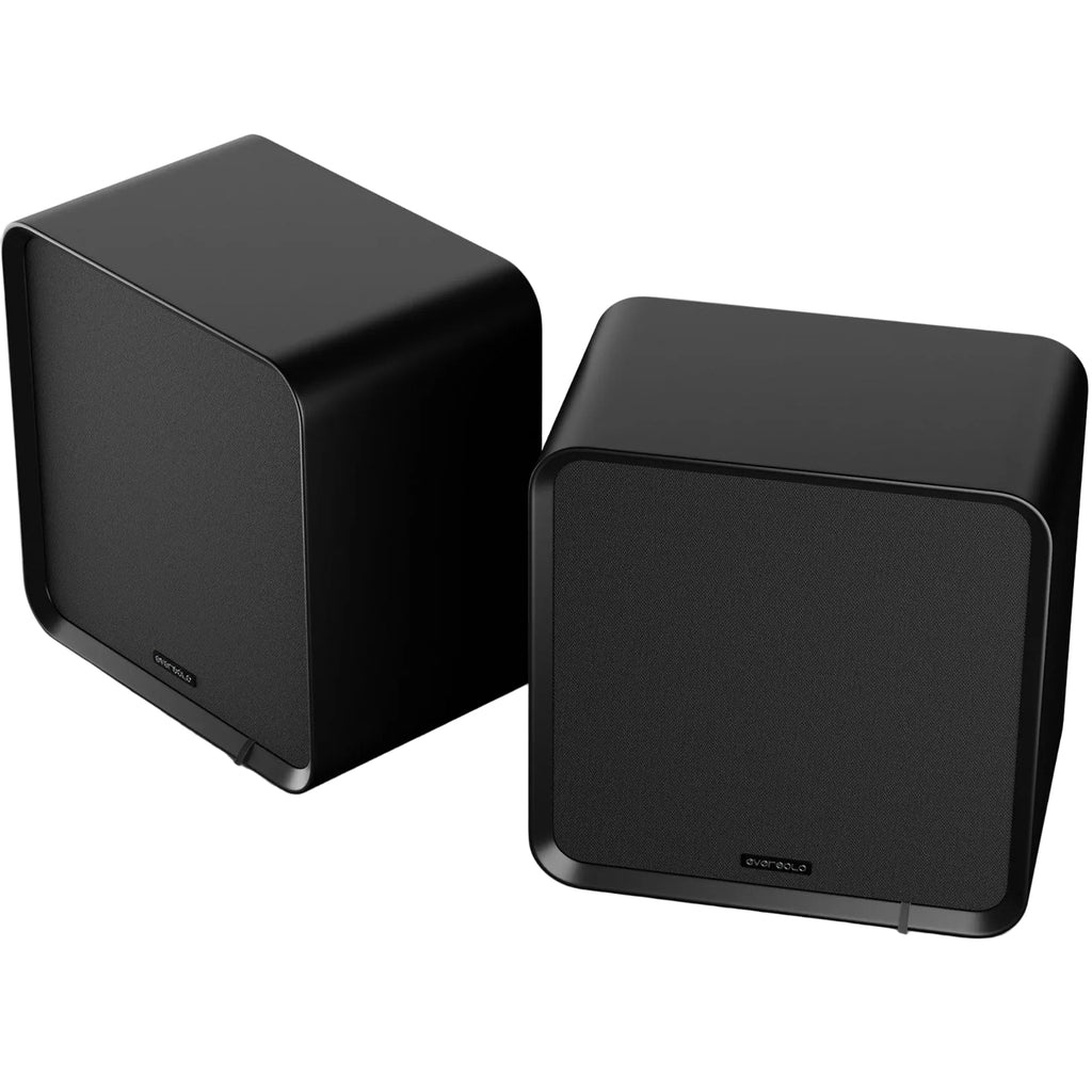Eversolo SE100 passive bookshelf speakers showing sleek black cabinets and front grille with driver units.