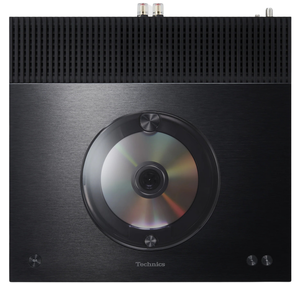 Technics SA-C600 stereo amplifier with sleek black design, control knobs, and input ports visible on front panel.