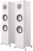 KEF Q7 Meta passive floorstanding speakers with sleek black cabinets and multiple drivers for high-quality audio.