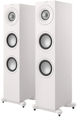 KEF Q7 Meta passive floorstanding speakers with sleek black cabinets and multiple drivers for high-quality audio.