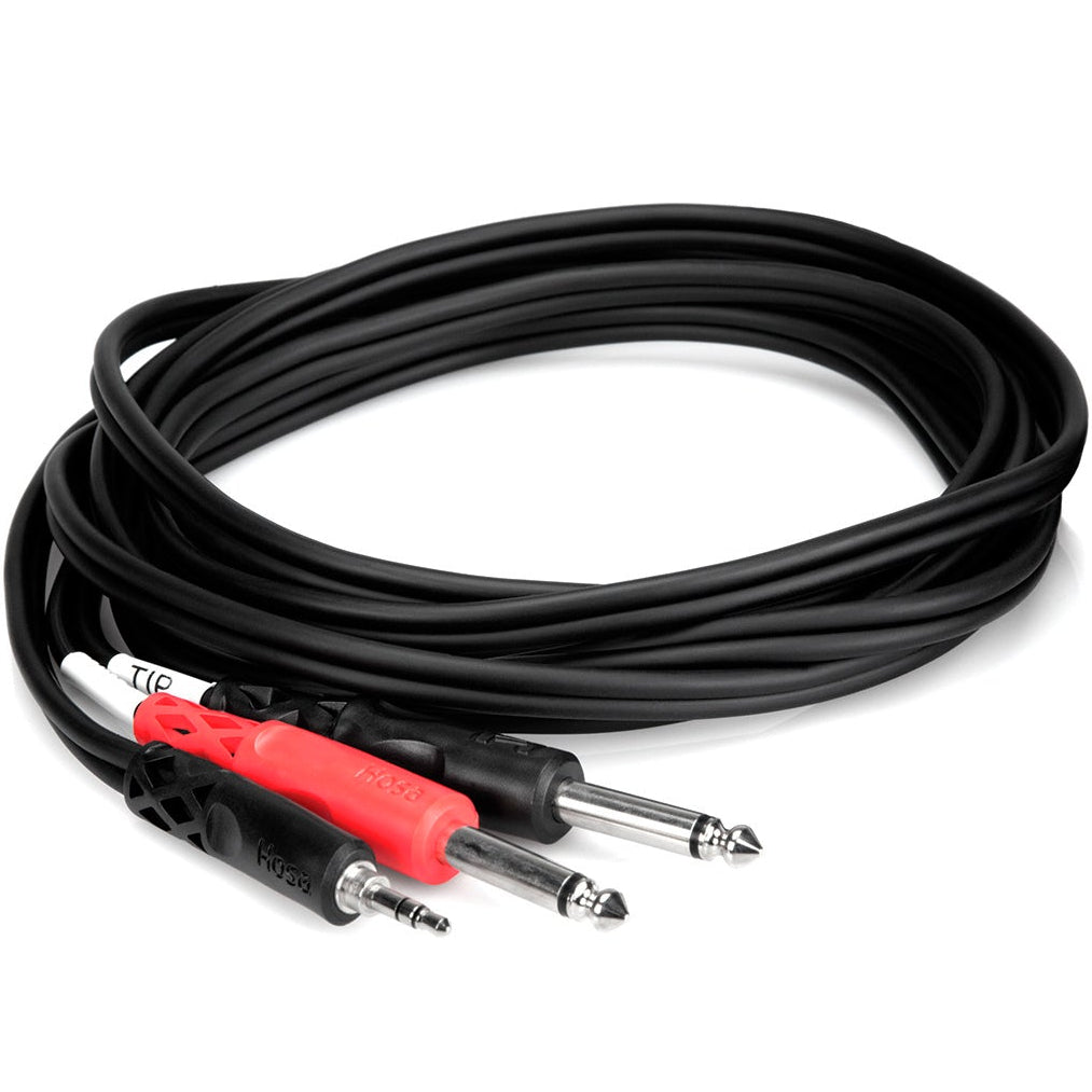Hosa CMP-159 3.5mm TRS to dual 6.3mm TS Y-cable, 3m length, coiled design for easy storage and use.