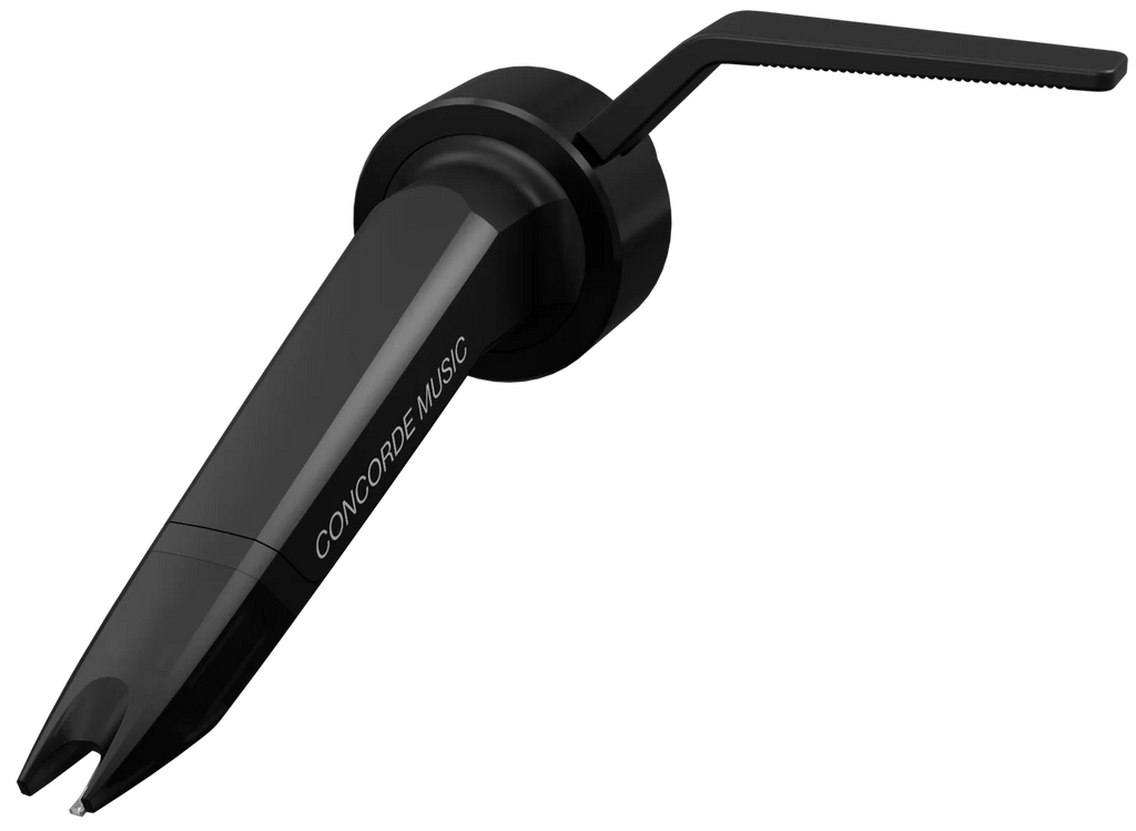 Ortofon Concorde Music Black turntable cartridge with black body and stylus, viewed from a left tilt angle.