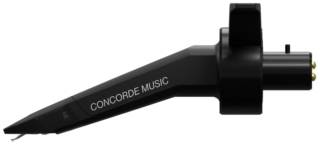 Ortofon Concorde Music Black turntable cartridge, close-up view of the sleek black stylus and body for vinyl record playback.