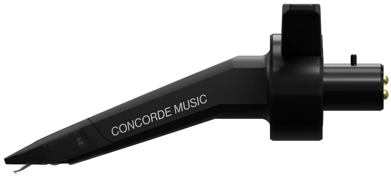 Ortofon Concorde Music Black turntable cartridge, close-up view of the sleek black stylus and body for vinyl record playback.