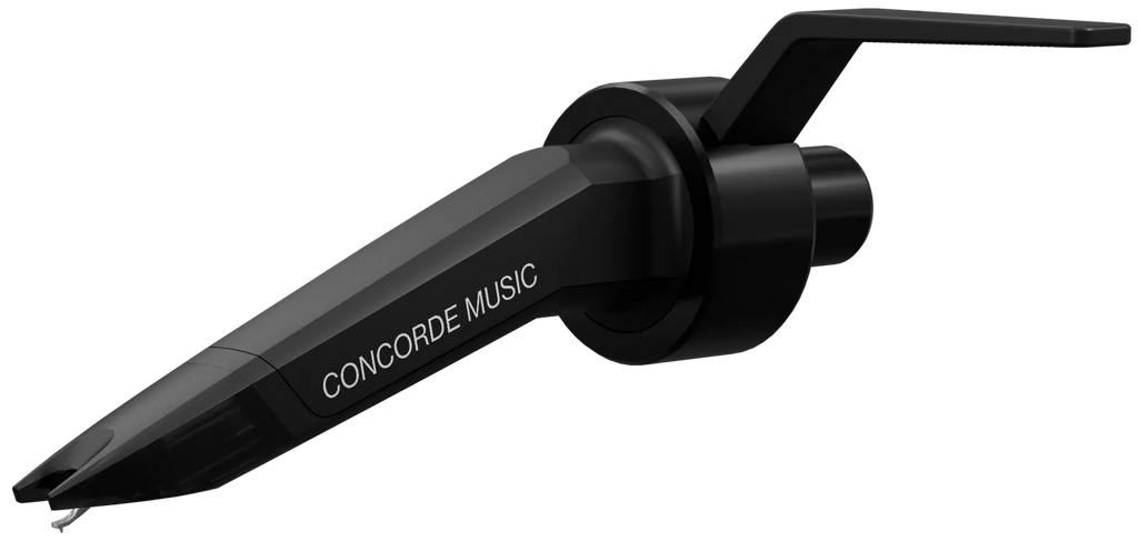 Ortofon Concorde Music Black turntable cartridge shown from the left side with a sleek black design and stylus for vinyl playback.