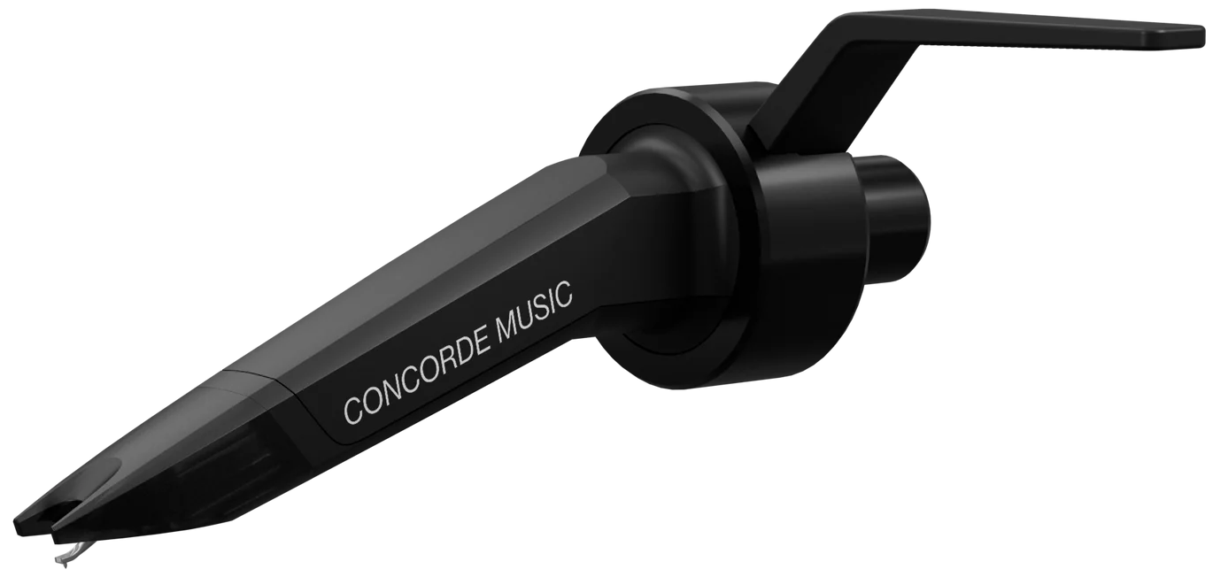 Ortofon Concorde Music Black turntable cartridge shown from the left side with a sleek black design and stylus for vinyl playback.