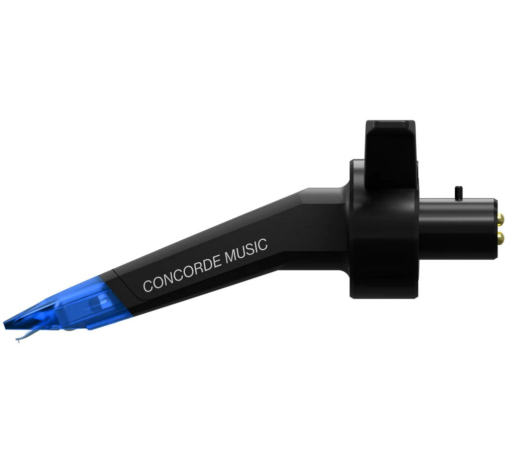 Ortofon Concorde Music Blue turntable cartridge with stylus, shown from the left side, designed for high-quality vinyl playback.