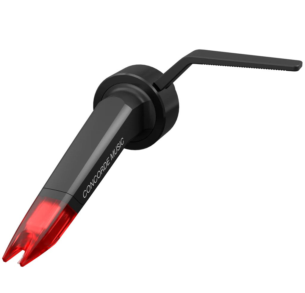 Ortofon Concorde Music Red turntable cartridge with red stylus and sleek design, viewed from left tilt angle.