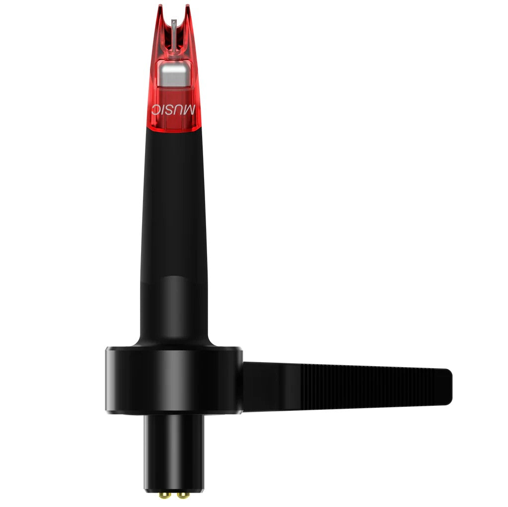 Ortofon Concorde Music Red turntable cartridge shown from the bottom, highlighting the stylus and cartridge body.