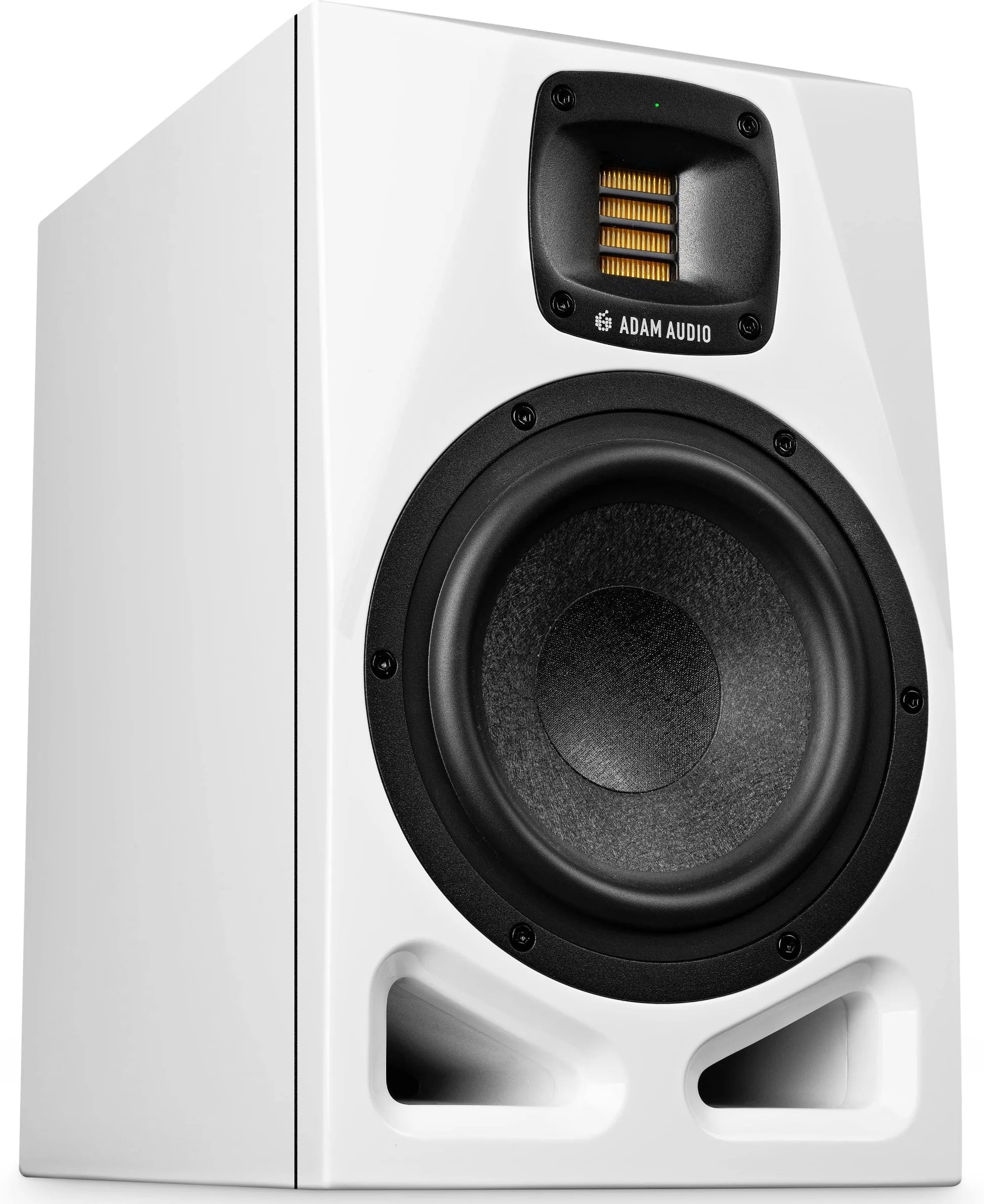 White Adam Audio A7V active nearfield monitor speaker with sleek design and front-facing controls, ideal for studio monitoring.