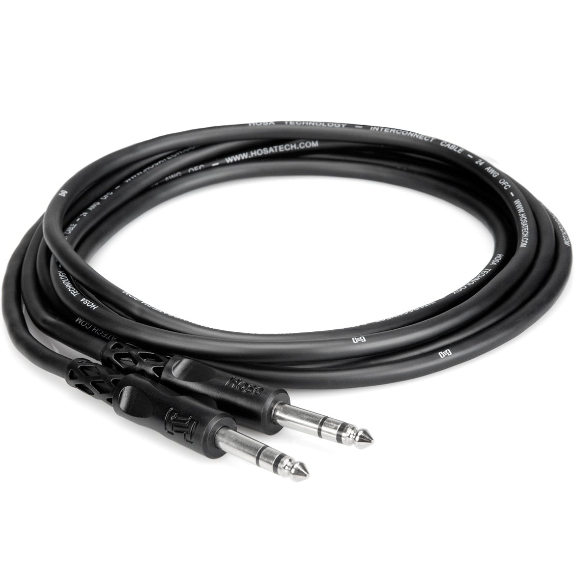 Hosa CSS-105 1.5m TRS cable featuring 6.3mm connectors, coiled design on a white background.