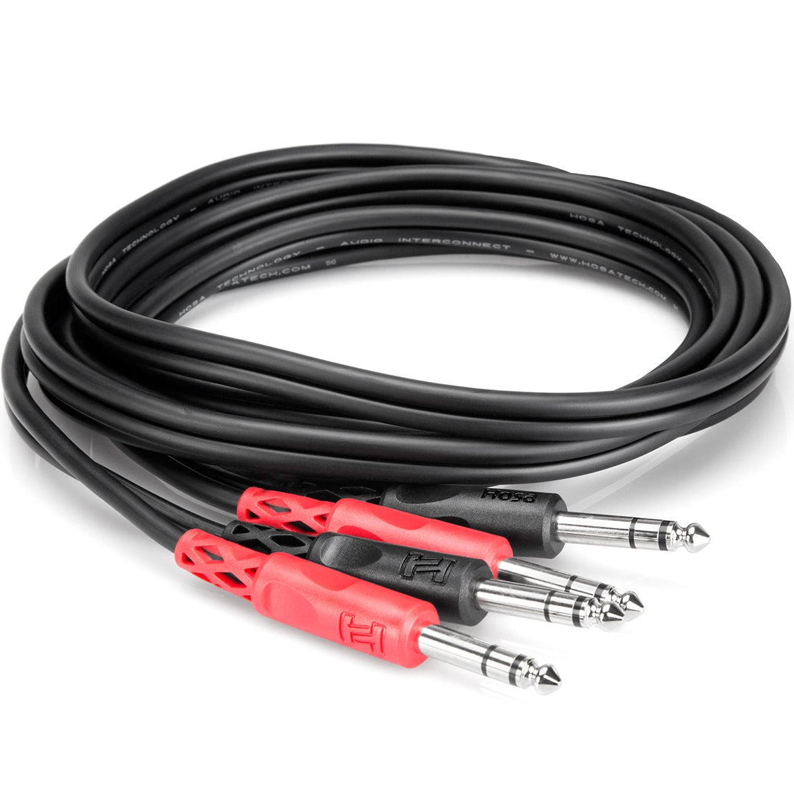 Hosa CSS-204 dual 6.3mm TRS cable, 4 meters long, coiled design for easy storage and connectivity.