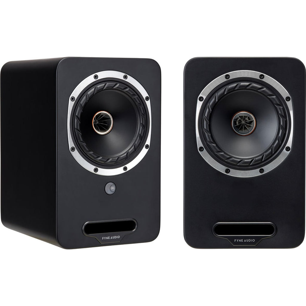 Pair of Fyne Audio Cubitt 5 active bookshelf speakers in sleek midnight black, showcasing modern design and premium sound quality.