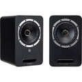 Pair of Fyne Audio Cubitt 5 active bookshelf speakers in sleek midnight black, showcasing modern design and premium sound quality.