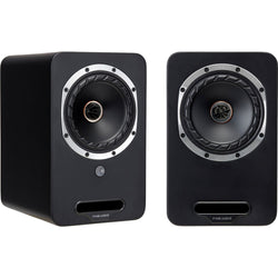 Pair of Fyne Audio Cubitt 5 active bookshelf speakers in sleek midnight black, showcasing modern design and premium sound quality.