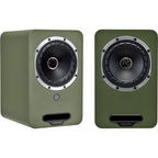 Pair of Fyne Audio Cubitt 5 active bookshelf speakers in olive green with sleek modern design.
