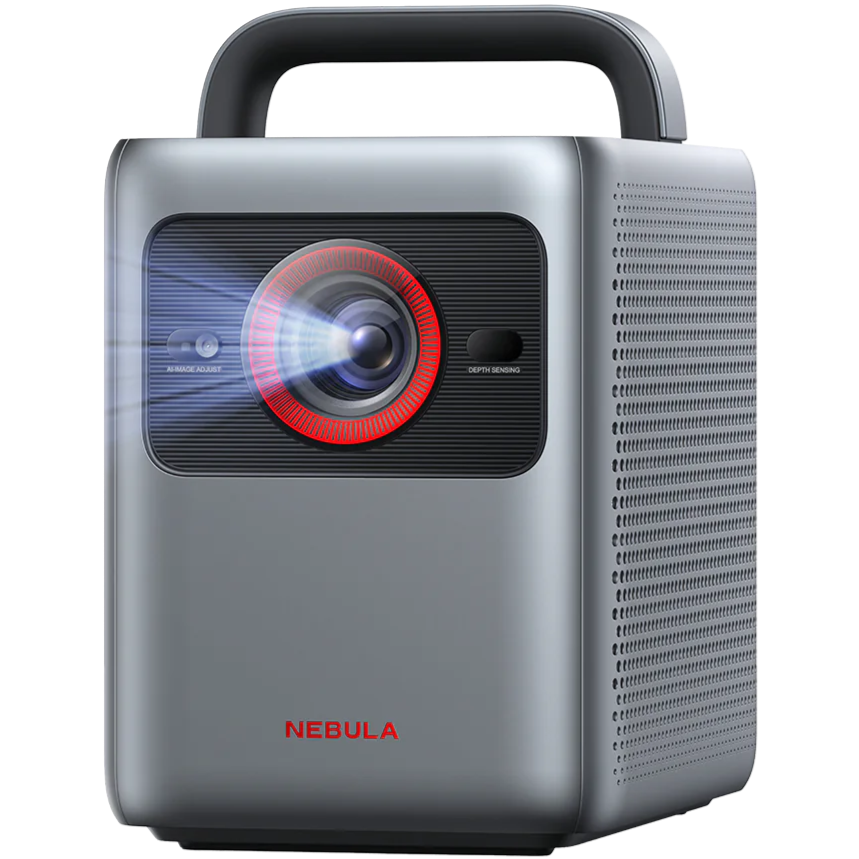 Nebula Cosmos 4K SE projector displaying a vibrant image on a wall, showcasing its high-resolution 4K display and sleek design.
