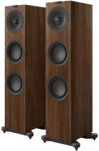 KEF Q7 Meta passive floorstanding speakers with sleek black finish, showcasing their tall, modern design and multiple speaker drivers.