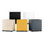 Dali Basik Sub in all five finishes: Solid Black, Solid White, Caramel White, Golden Yellow and Chilly Blue