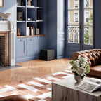 Dali Basik Sub in Solid Black in a blue library room with a fireplace