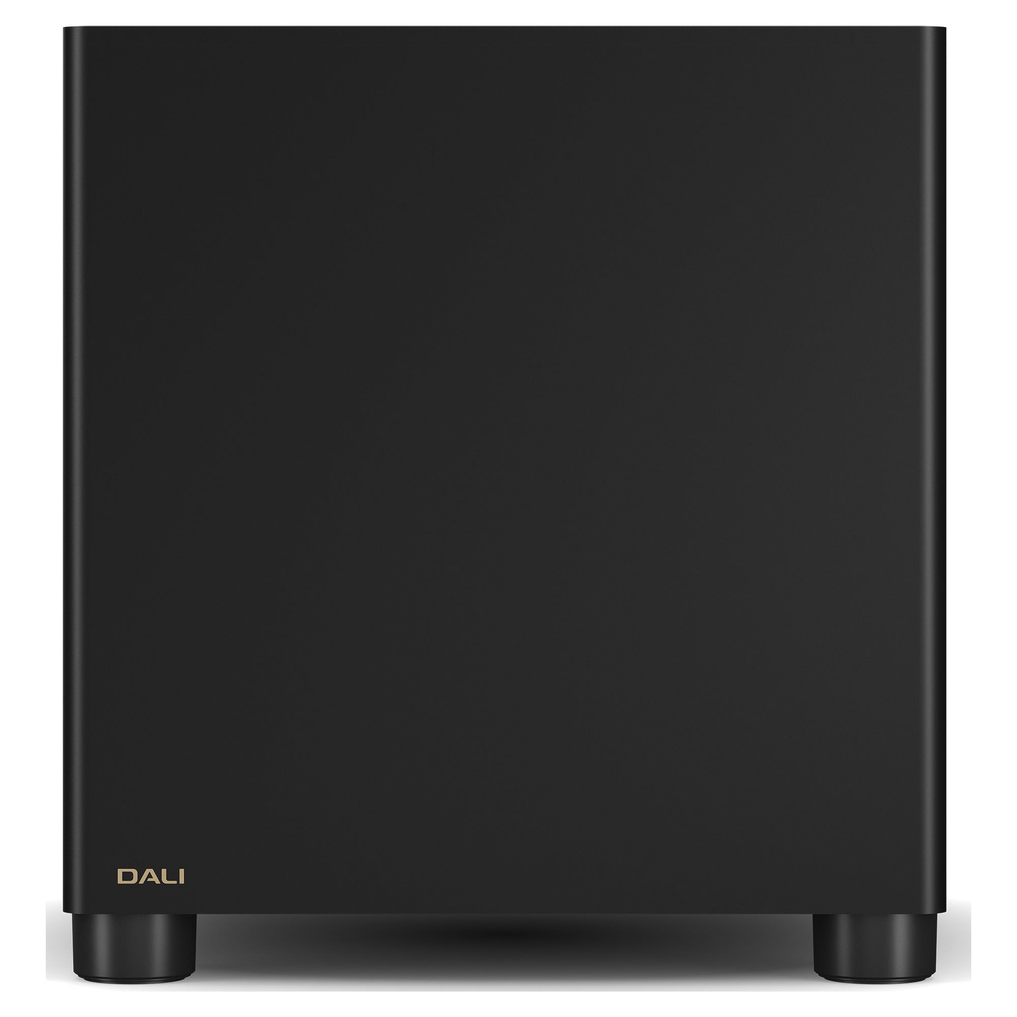Dali Basik Sub in Solid Black, front view on decoupled feet