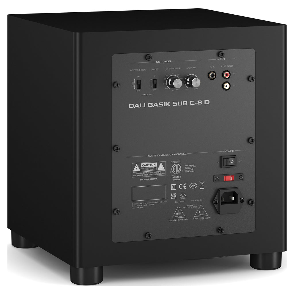 Dali Basik Sub rear panel with gain, crossover and phase controls, stereo line and LFE RCA inputs