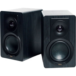 DALI Kupid passive bookshelf speakers shown with sleek black cabinets and compact design for high-quality audio performance.