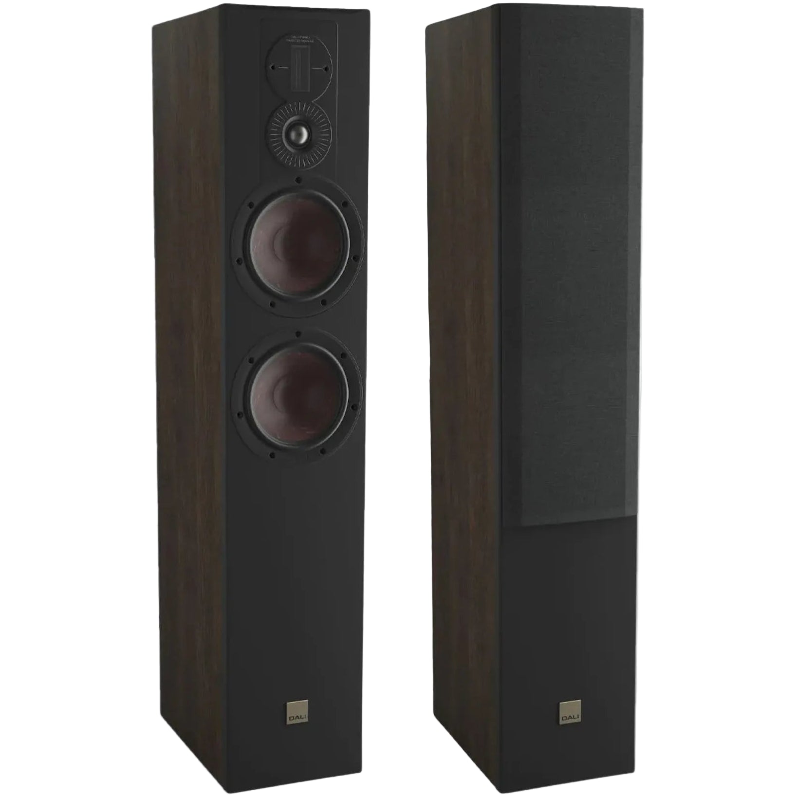 Pair of DALI Opticon 6 MK2 passive floorstanding speakers in tobacco oak finish, showcasing sleek design and wood grain texture.