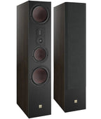 DALI Opticon 8 MK2 passive floorstanding speakers with sleek black finish and large speaker drivers for high-quality sound.