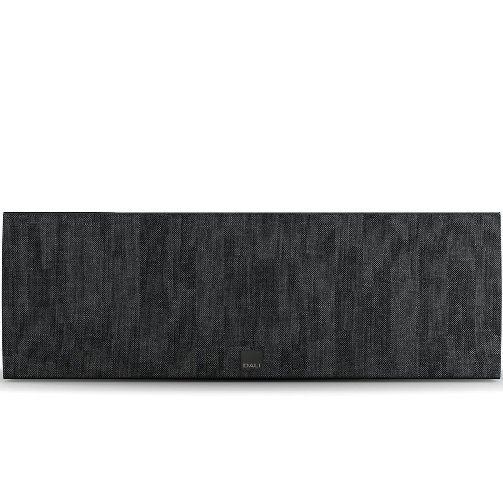 DALI Rubikore Cinema center speaker with high-gloss black finish, showcasing sleek design and front grille for home theater audio.