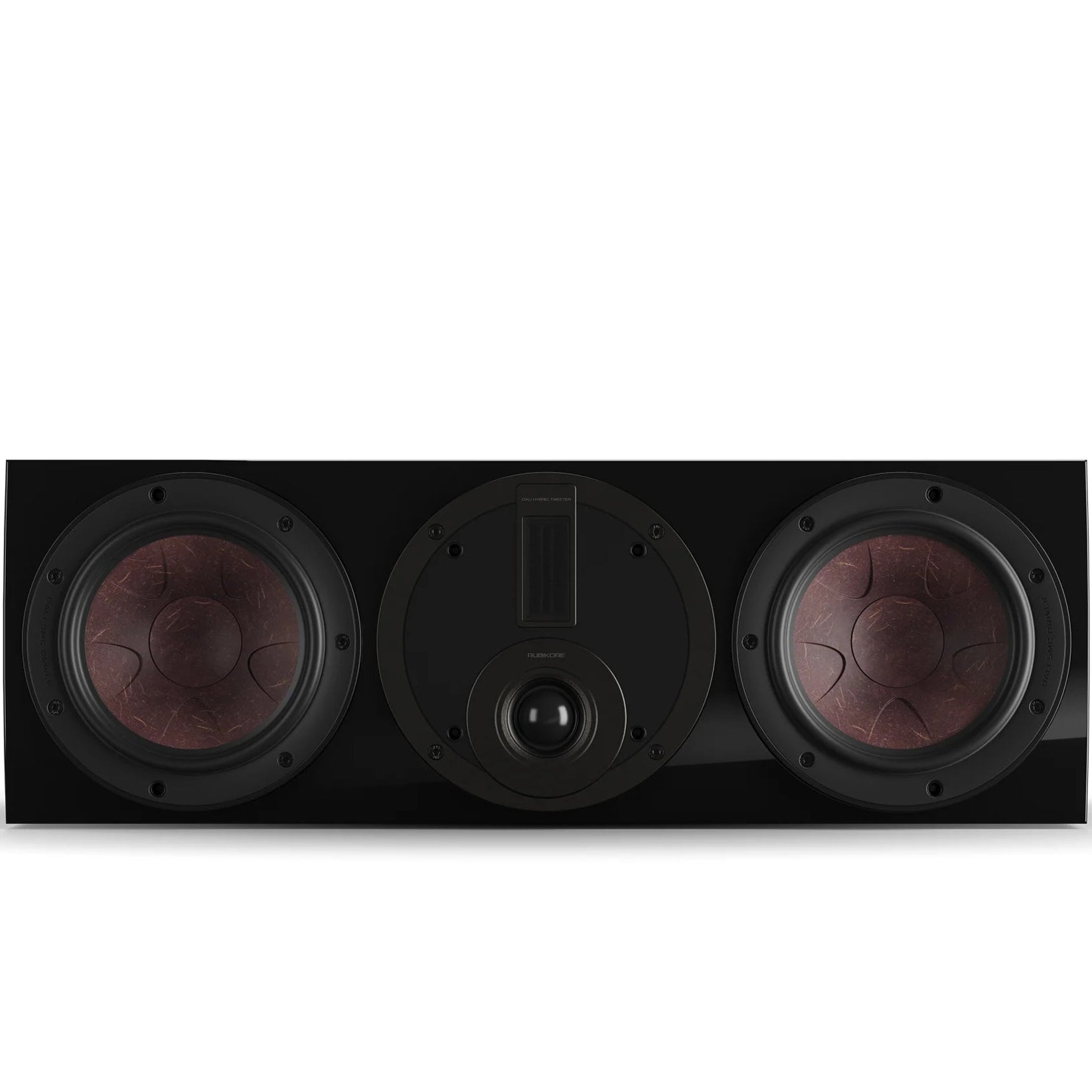 DALI Rubikore Cinema center speaker in high-gloss black with sleek design, ideal for home theater audio systems.