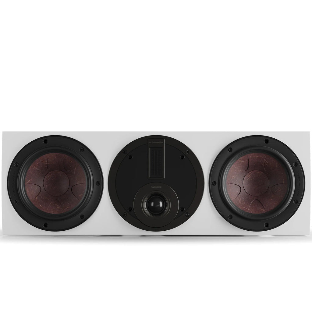 DALI Rubikore Cinema center speaker with high-gloss white finish, showcasing sleek design and front grille for home theater audio.