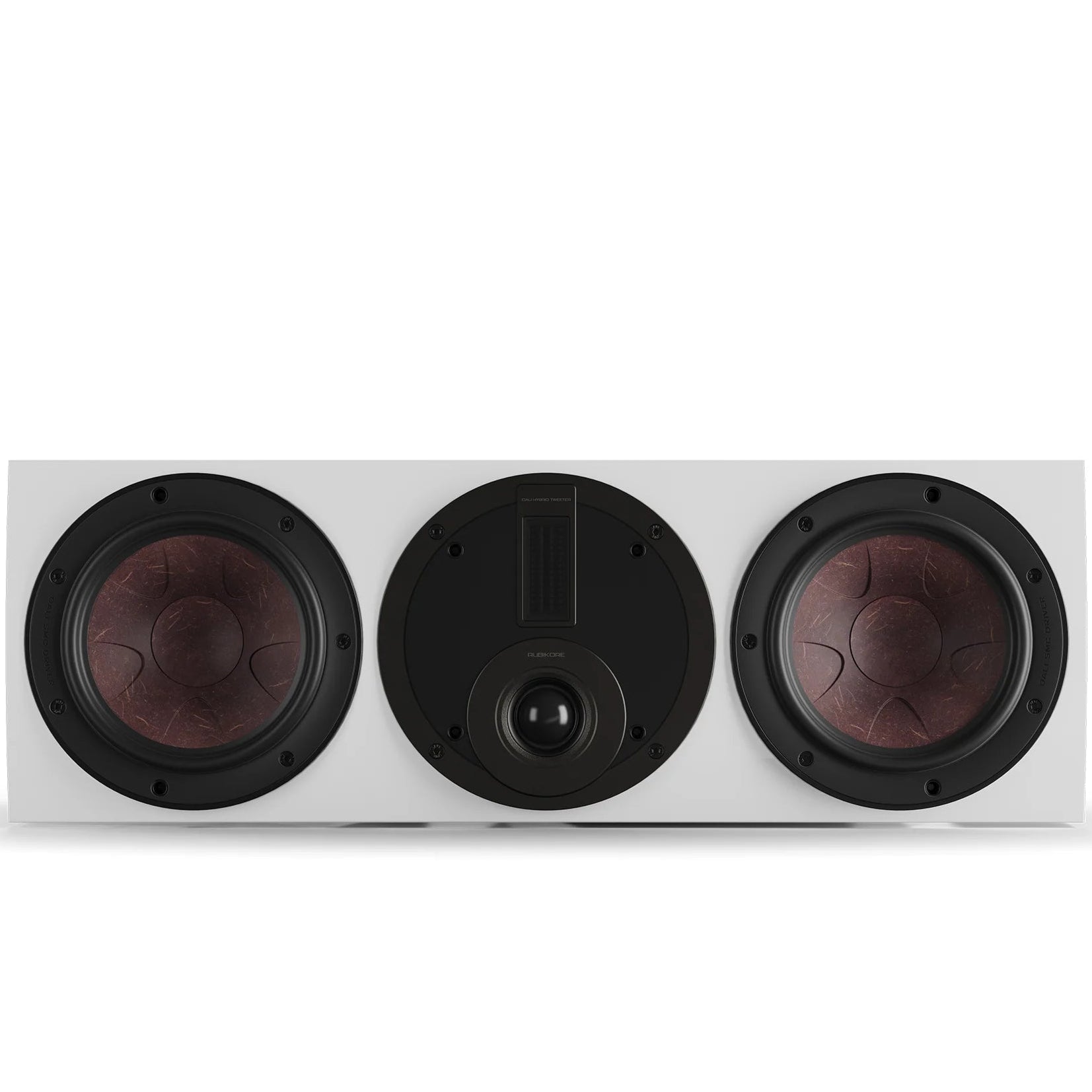 DALI Rubikore Cinema center speaker with high-gloss white finish, showcasing sleek design and front grille for home theater audio.