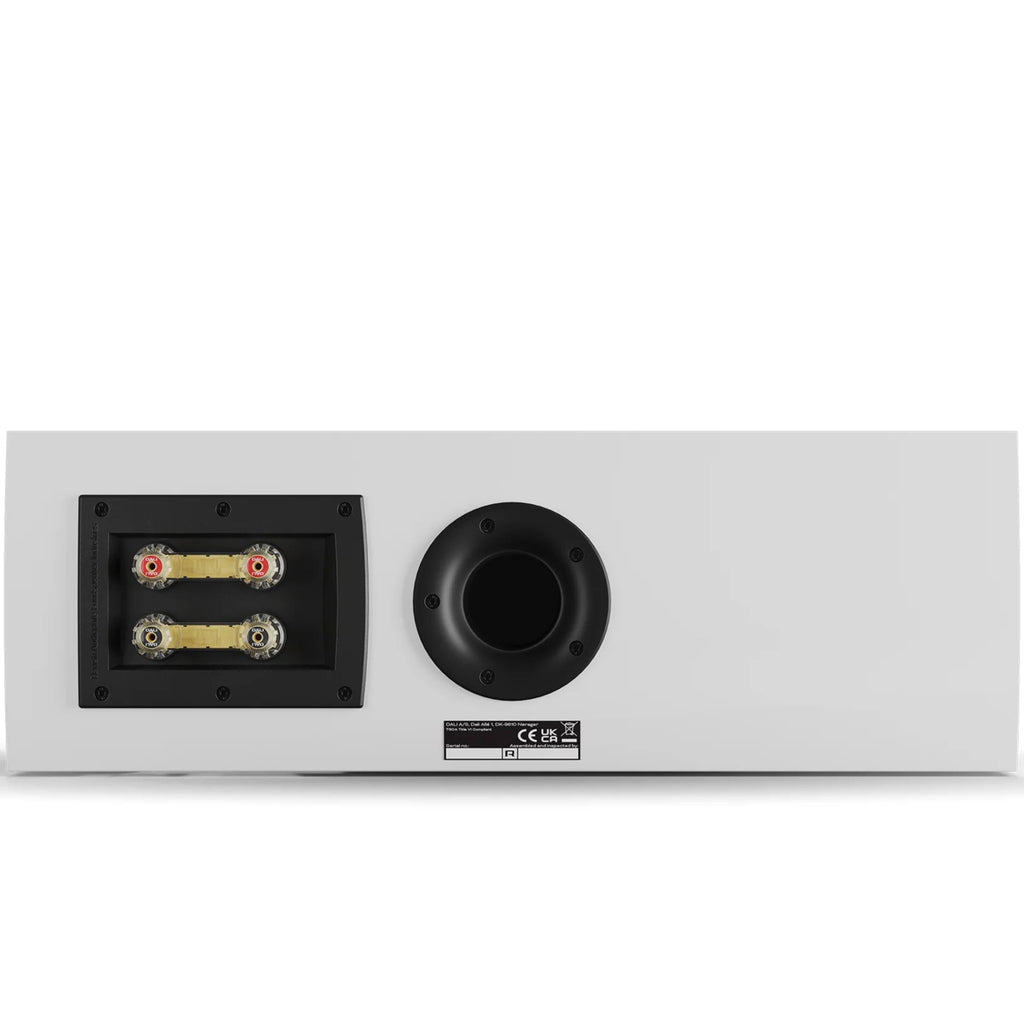 DALI Rubikore Cinema center speaker in high-gloss white with sleek design and visible speaker grille for immersive home theater sound