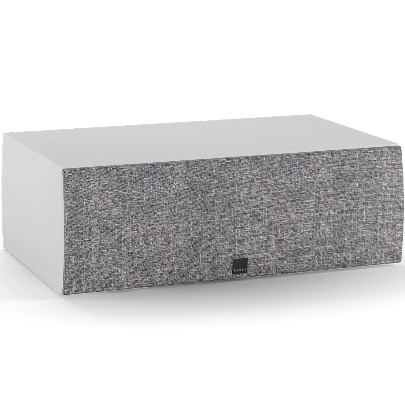 DALI Rubikore Cinema center speaker with high-gloss white finish, showcasing sleek design and front grille for high-quality audio.