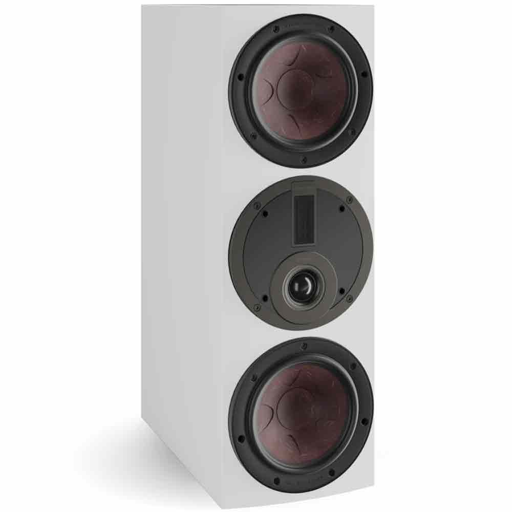 DALI Rubikore Cinema center speaker in high-gloss white, showcasing sleek design and speaker grille for home theater audio.