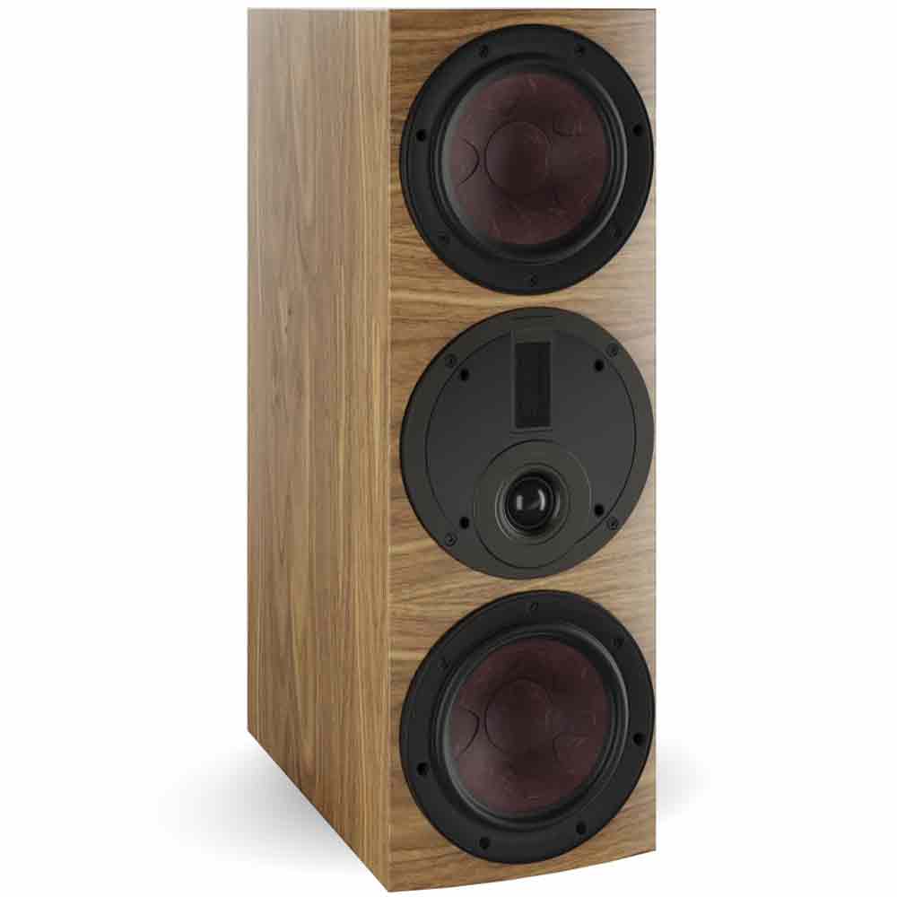 DALI Rubikore Cinema center speaker with natural walnut finish, showcasing its sleek design and front grille for home theater setup.