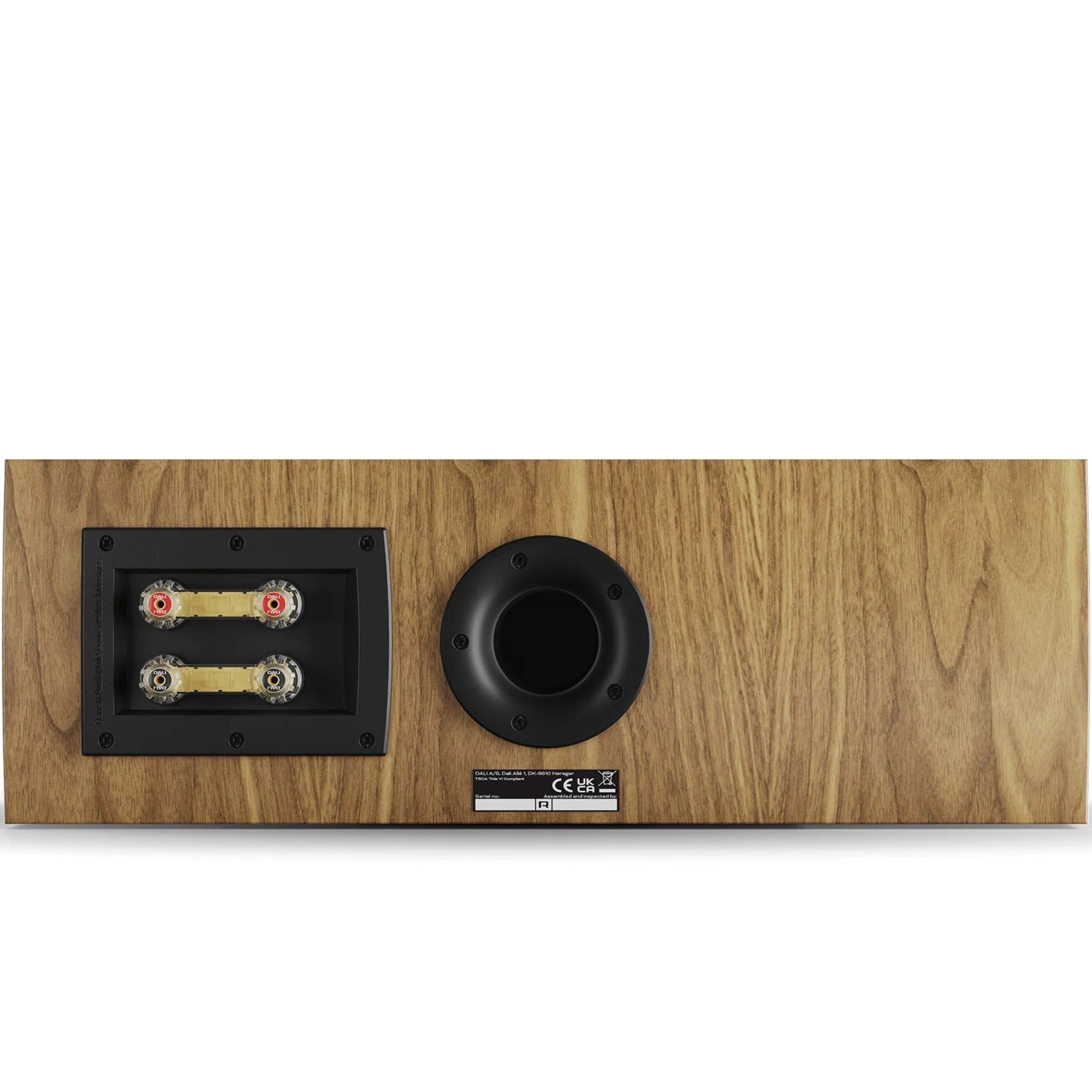 DALI Rubikore Cinema center speakers in natural walnut finish, showcasing sleek design and high-quality wood grain detail.