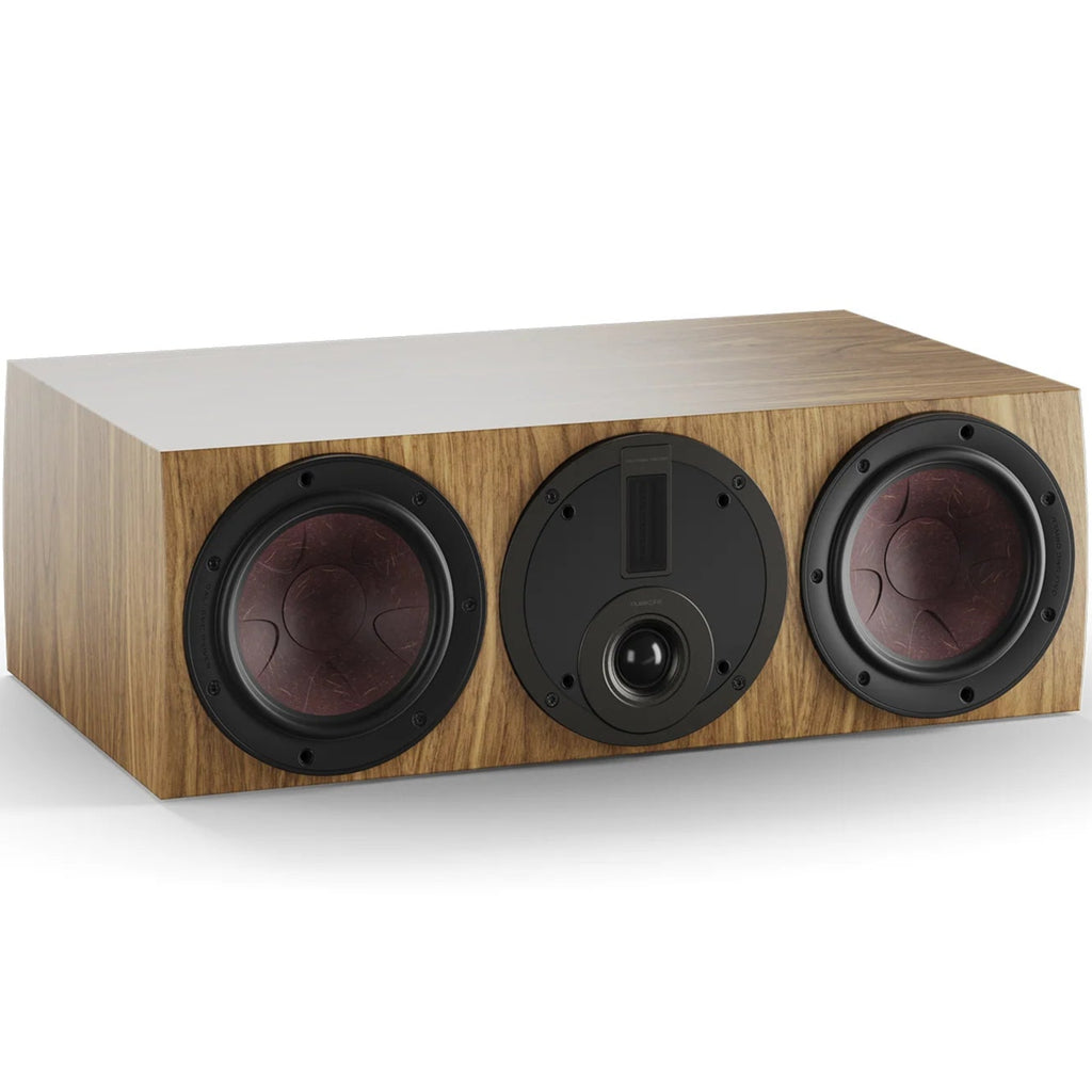 DALI Rubikore Cinema center speakers in natural walnut finish, showcasing sleek design and high-quality audio components.