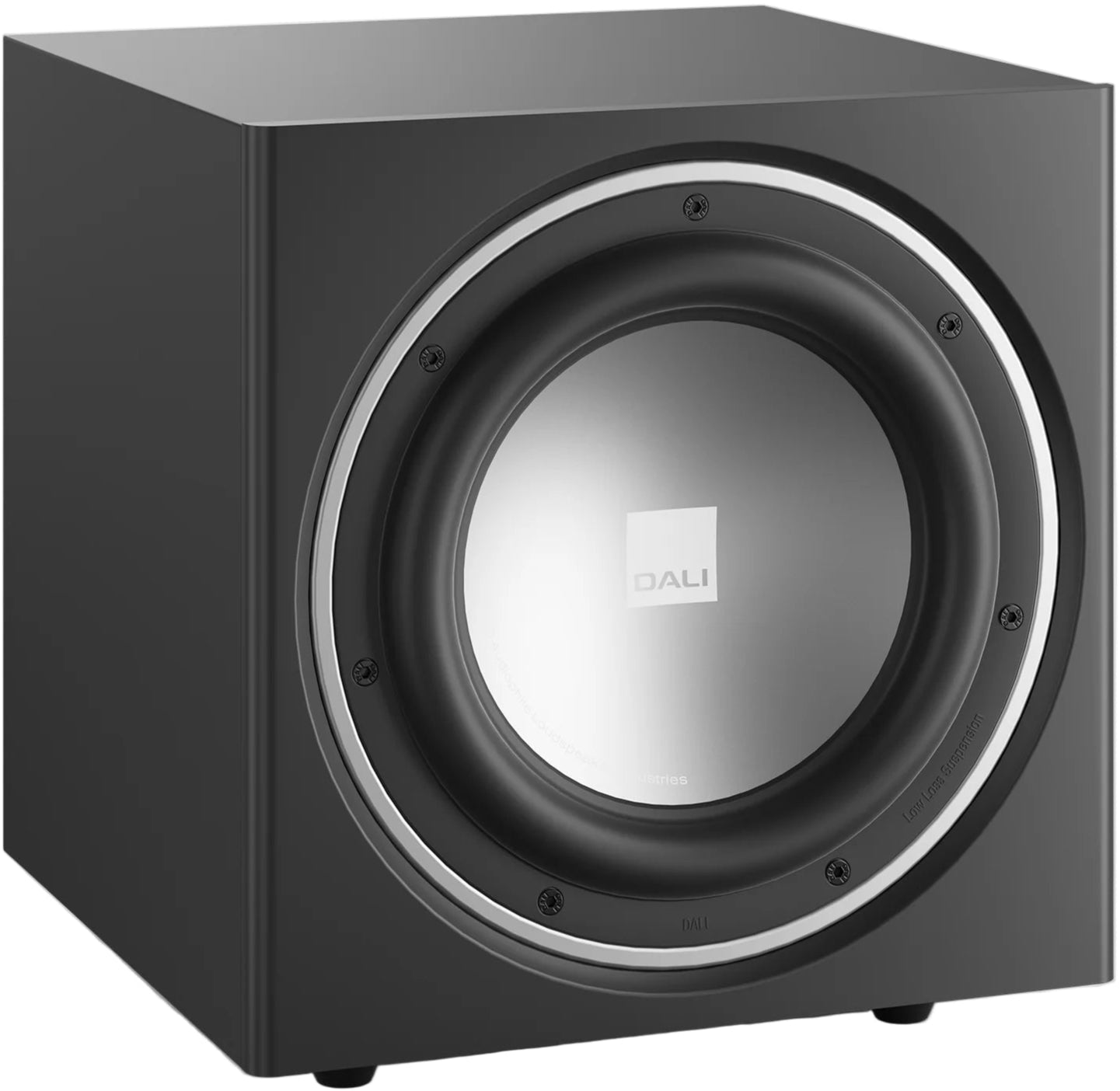 DALI Sub E-9 F black satin subwoofer with sleek design and powerful bass driver for home audio systems