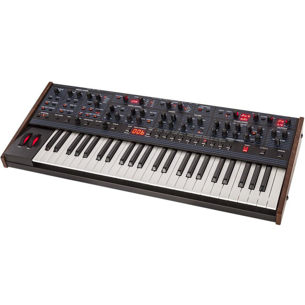 Sequential OB-6 synthesizer by Dave Smith Instruments with control panel and keyboard in a studio setting.
