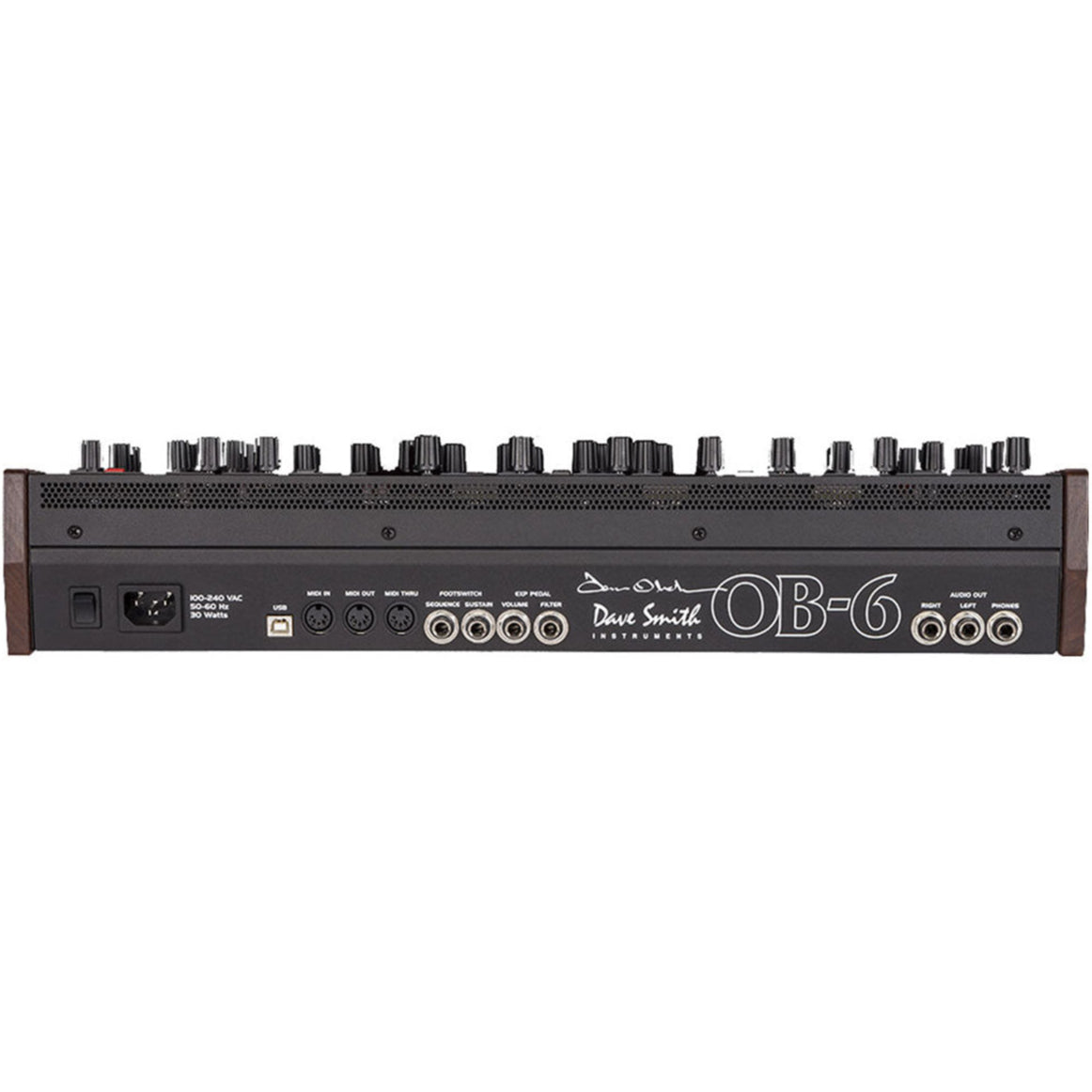 Sequential OB-6 desktop synthesizer module by Dave Smith Instruments, featuring knobs and controls on a sleek black faceplate.