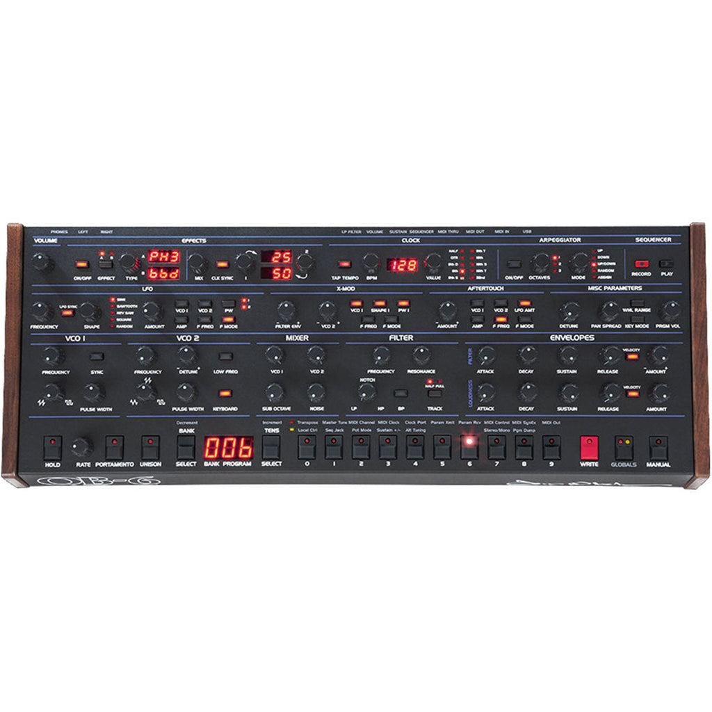 Sequential OB-6 desktop synthesizer module by Dave Smith Instruments, featuring a sleek panel with knobs and patch points.