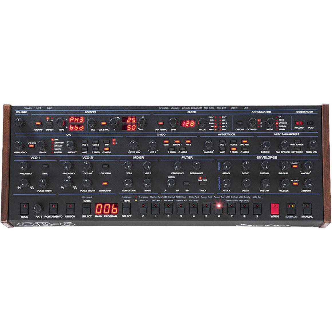 Sequential OB-6 desktop synthesizer module by Dave Smith Instruments, featuring a sleek panel with knobs and patch points.