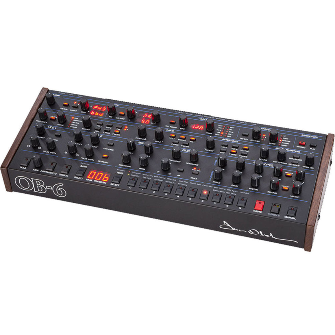 Sequential OB-6 desktop synthesizer module with control knobs and patch points, designed for versatile sound creation.