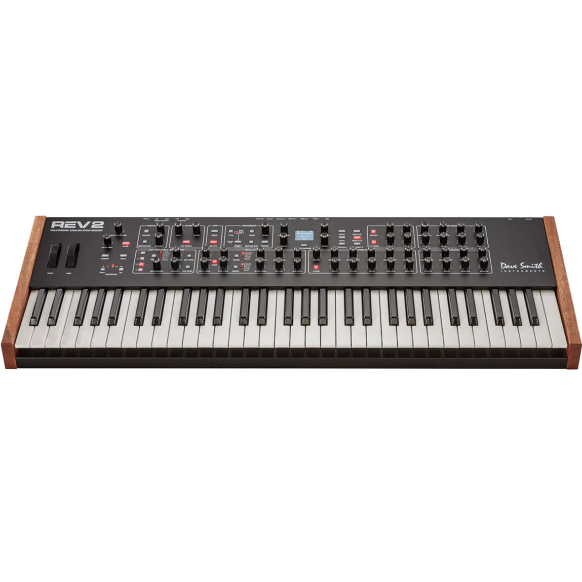 Sequential Prophet Rev2-16 synthesizer with 16-voice polyphony and multiple knobs, shown in a close-up view.