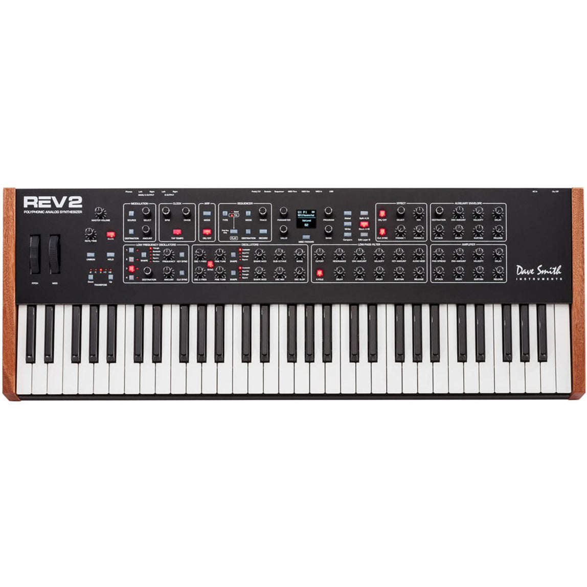 Sequential Prophet Rev2-16 synthesizer with 16-voice polyphony and control panel, shown in a close-up image.